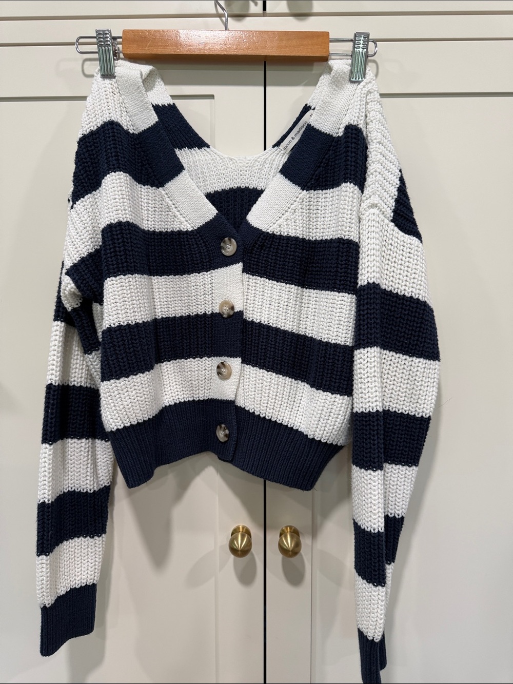 moon & madison Navy and White Striped Button-Front Cardigan